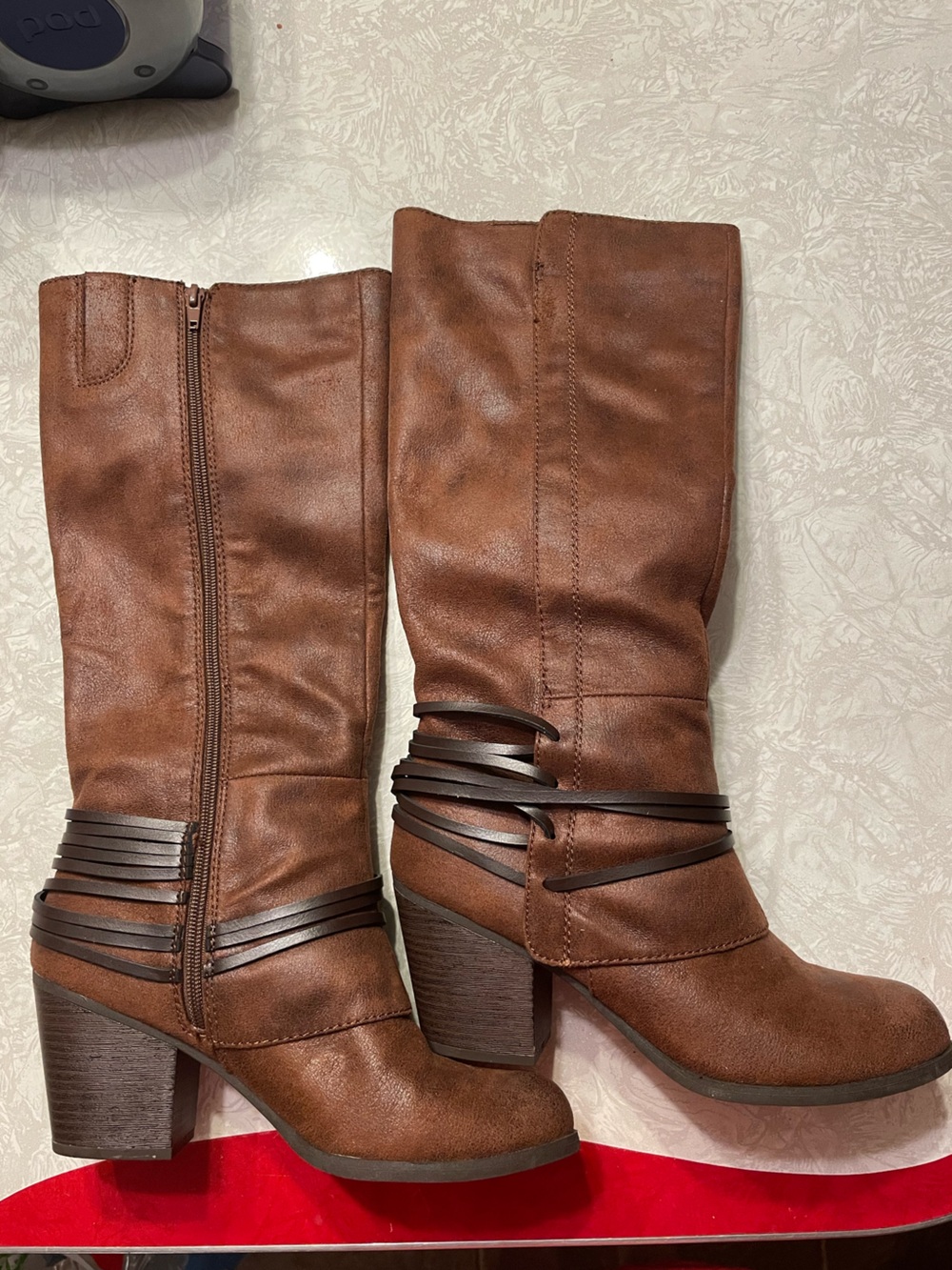 Fergalicious Lexis Cognac Knee-High Strappy Heeled Boots - Size 9.5M